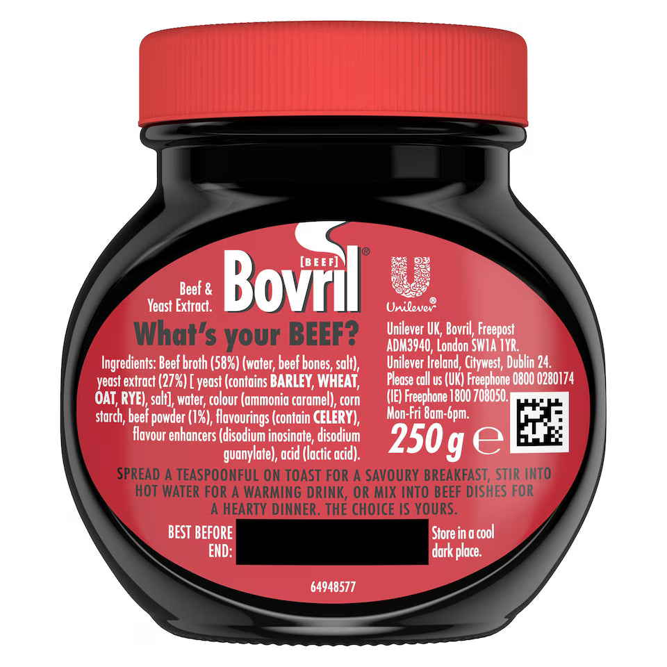 Bovril beef extract jar with red lid and label on a white background