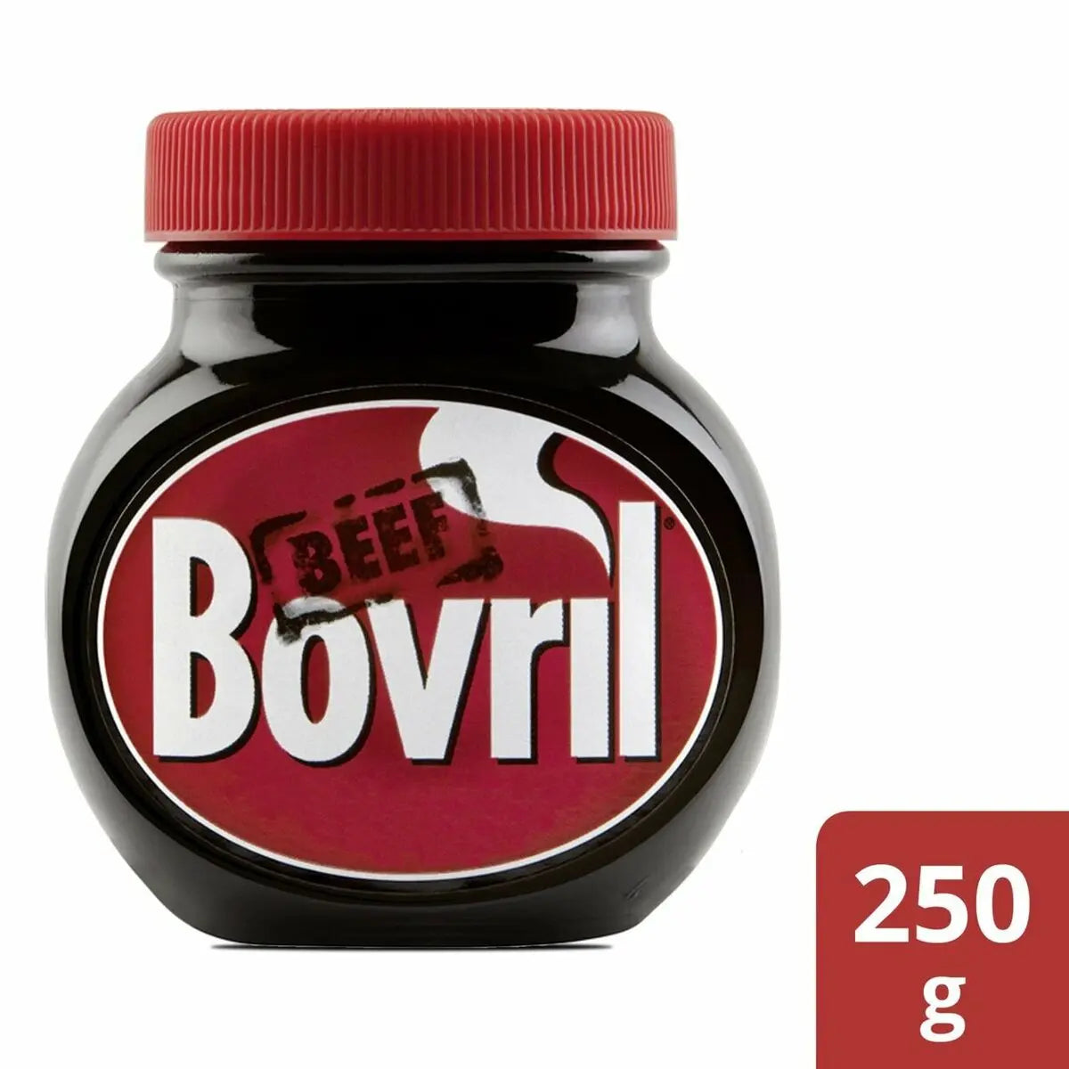 Jar of Bovril with red lid and label on a white background