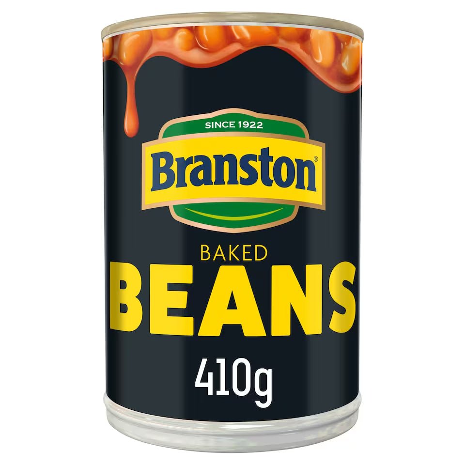 Can of Branston baked beans on a white background