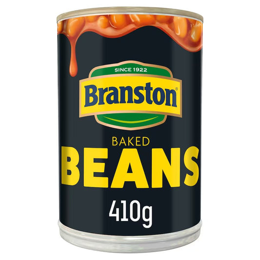 Can of Branston baked beans on a white background