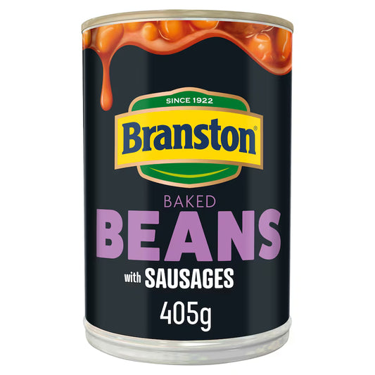 Can of Branston Baked Beans with Sausages on a white background