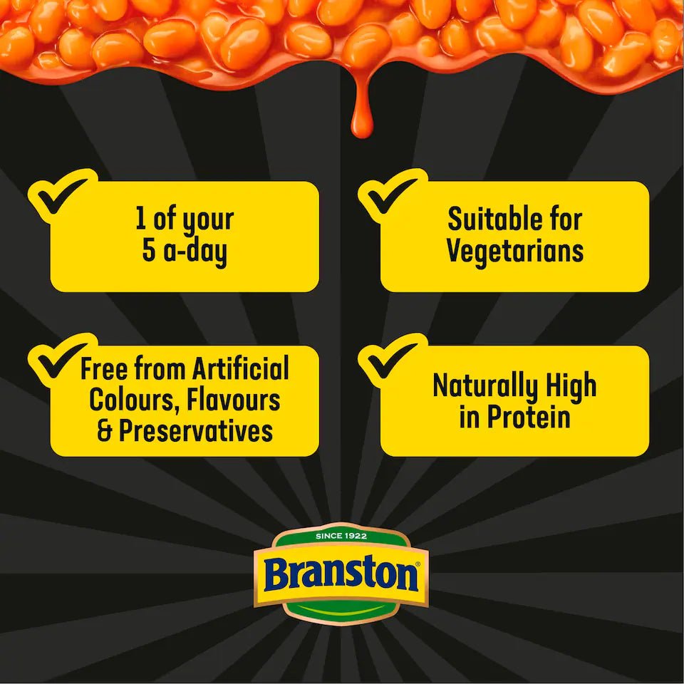 Branston pickles with health benefits text and Branston logo on a black background