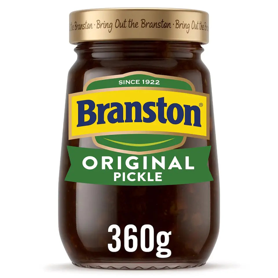 Jar of Branston Original Pickle with a gold lid on a white background