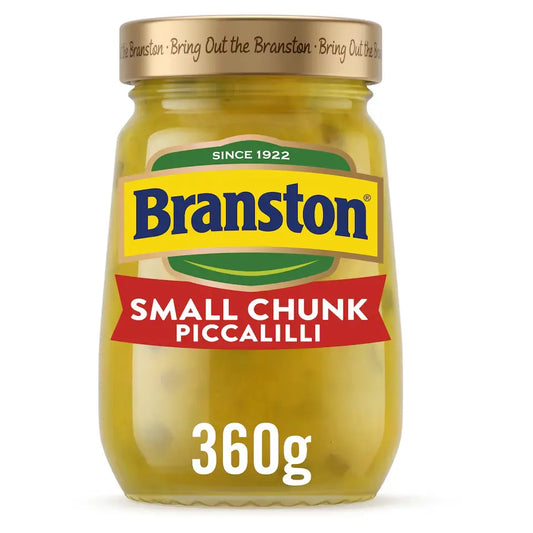 Jar of Branston Small Chunk Piccalilli with gold lid on a white background