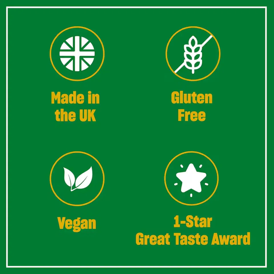 Branston Pickle Green background with certification icons and text on a green background