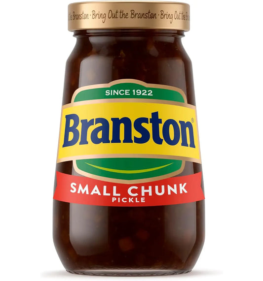 Jar of Branston Small Chunk Pickle with a gold lid on a white background