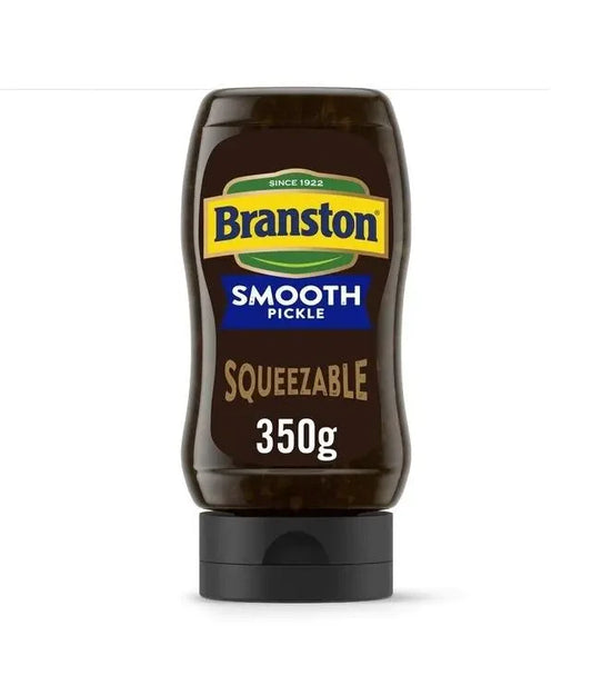 Bottle of Branston Smooth Pickle on a white background