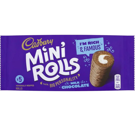Cadbury Mini Rolls packaging with a purple background