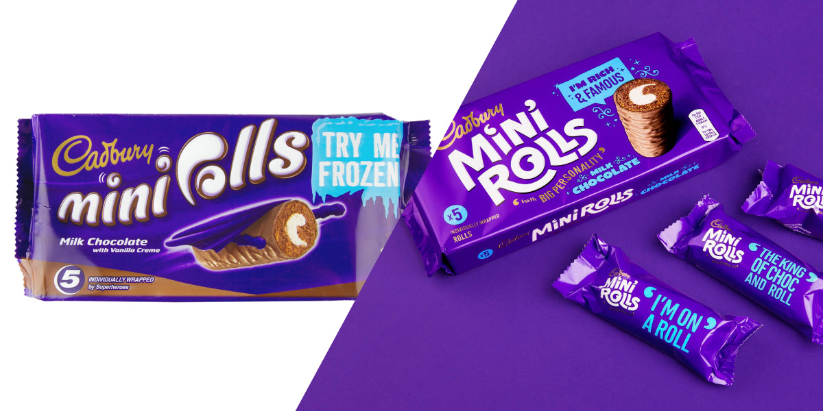 Cadbury Mini Rolls chocolate bars on a purple background
