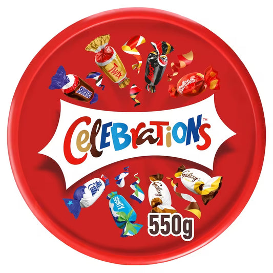 Red packaging of Celebrations candy with colorful candy images on a white background