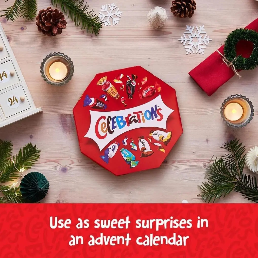 Red Celebrations advent calendar on a festive wooden table with Christmas decorations.