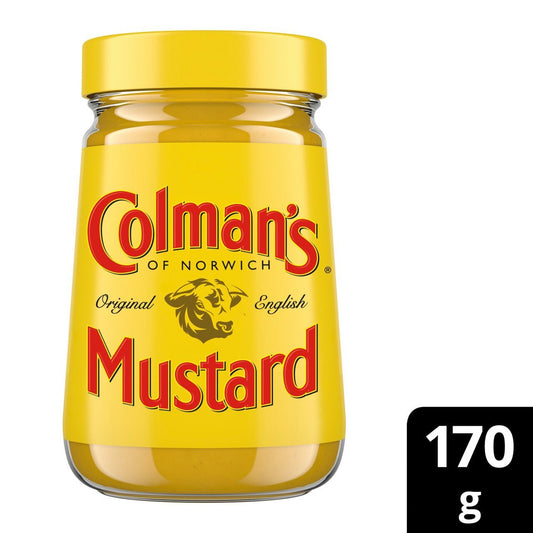 Jar of Colman's Mustard with yellow lid and label on a white background