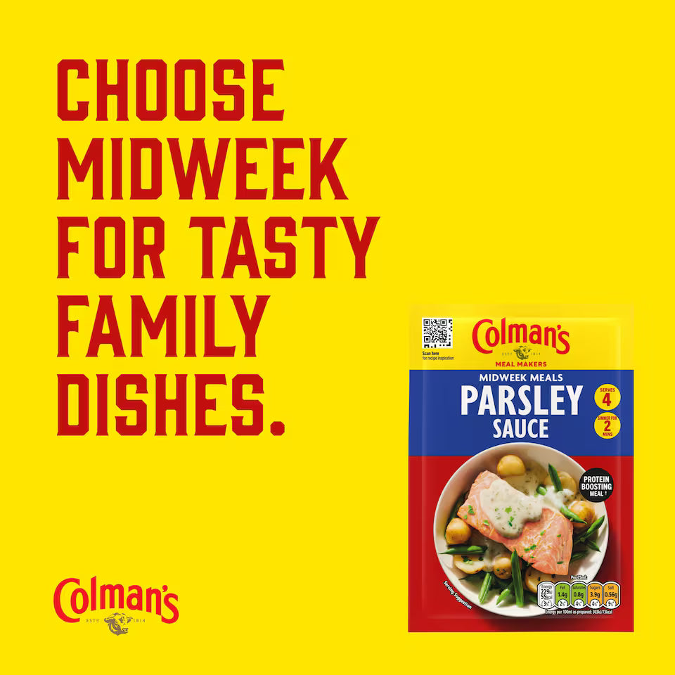 Colman's parsley sauce packaging with promotional text on a yellow background