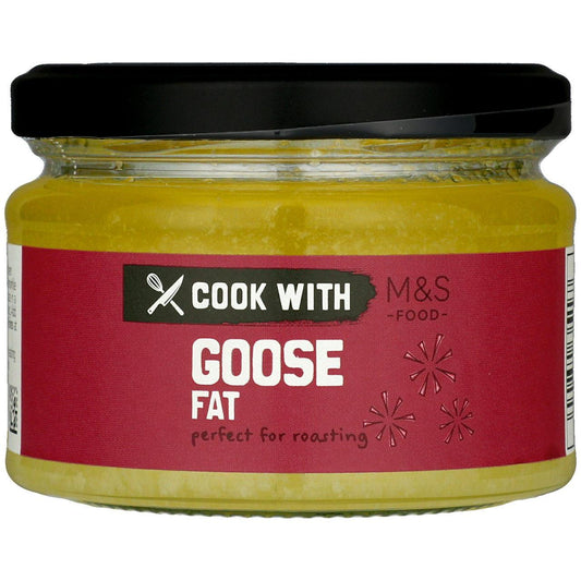 Jar of goose fat with a red label and black lid on a white background