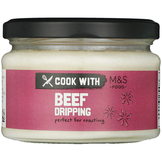 Jar of beef dripping with M&S label on a white background