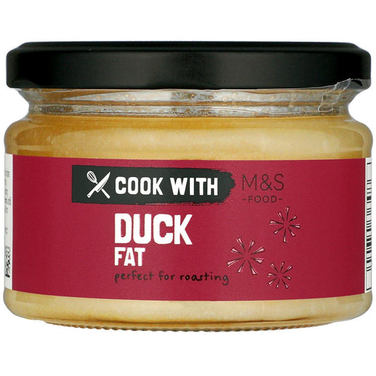 Jar of duck fat with a red label and black lid on a white background