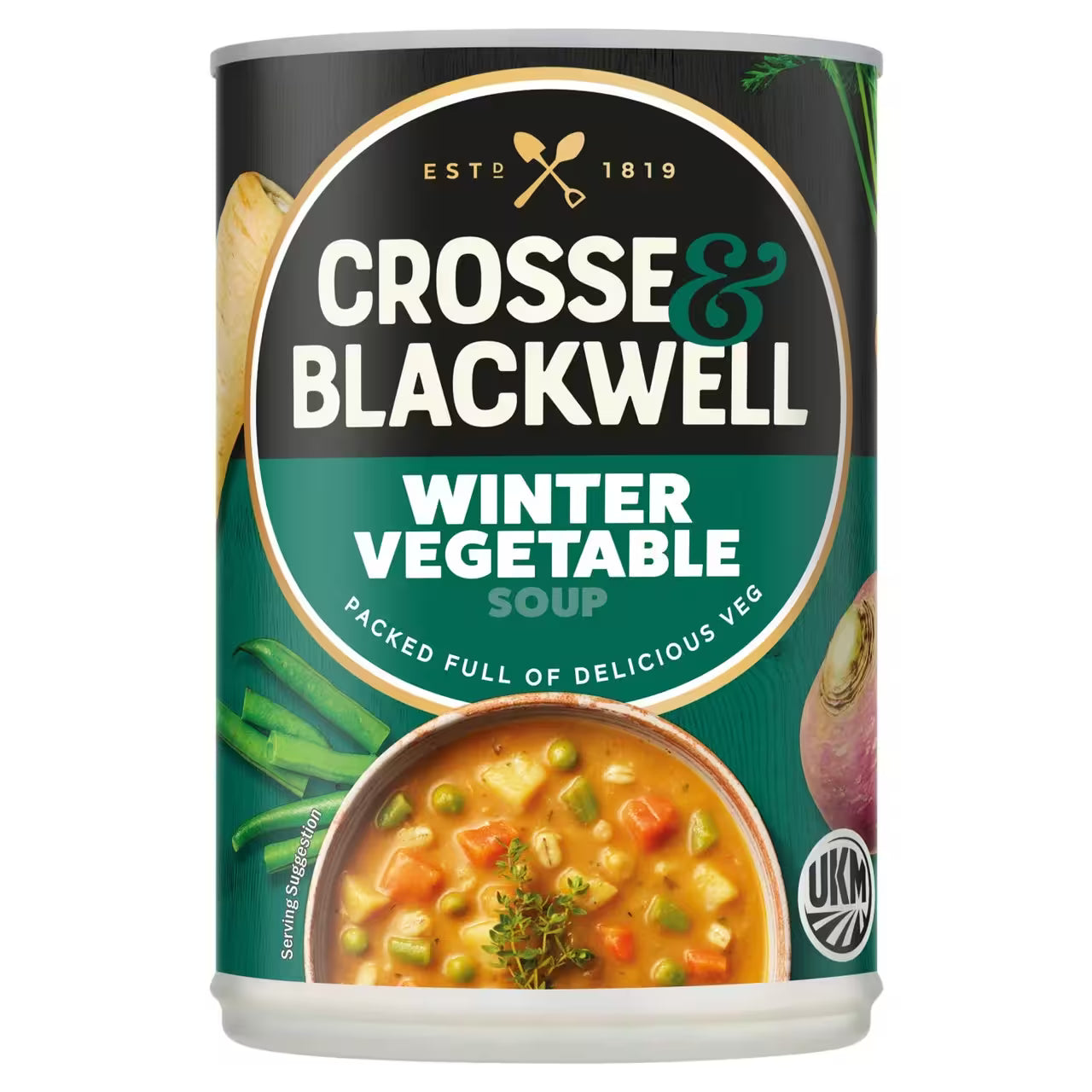 Crosse & Blackwell winter vegetable soup can on a white background