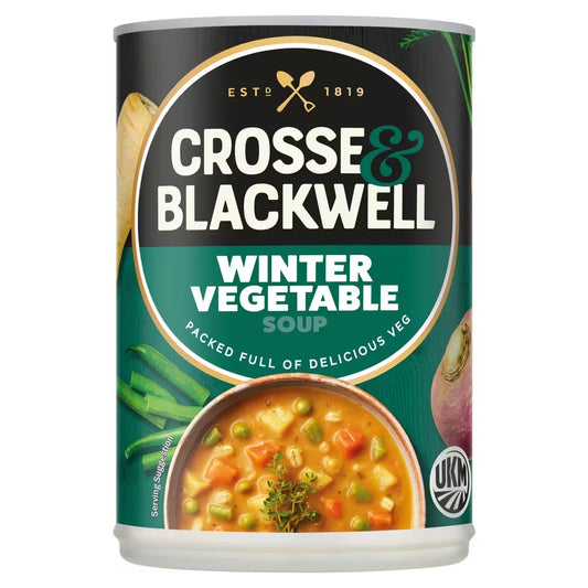 Crosse & Blackwell winter vegetable soup can on a white background
