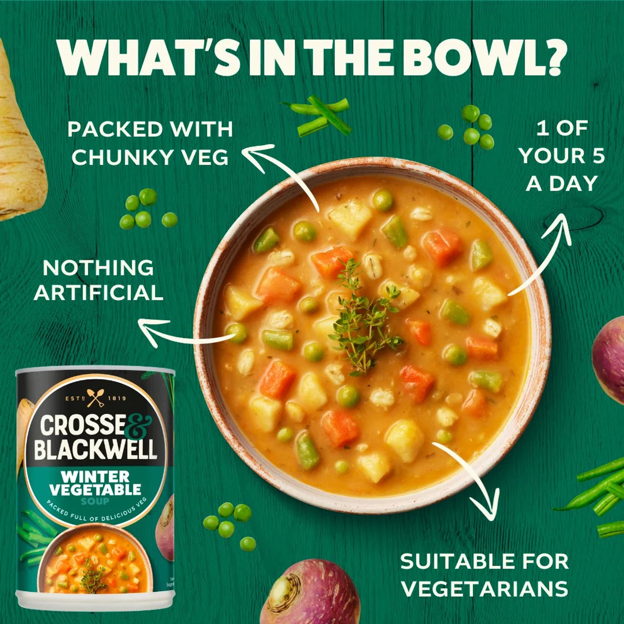 Bowl of vegetable soup with Crosse Blackwell branding on a green background