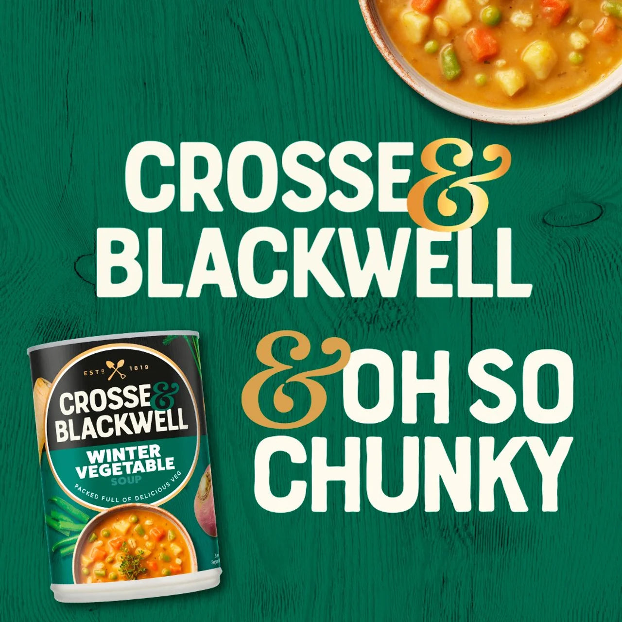 Crosse & Blackwell winter vegetable soup can with text on a green background