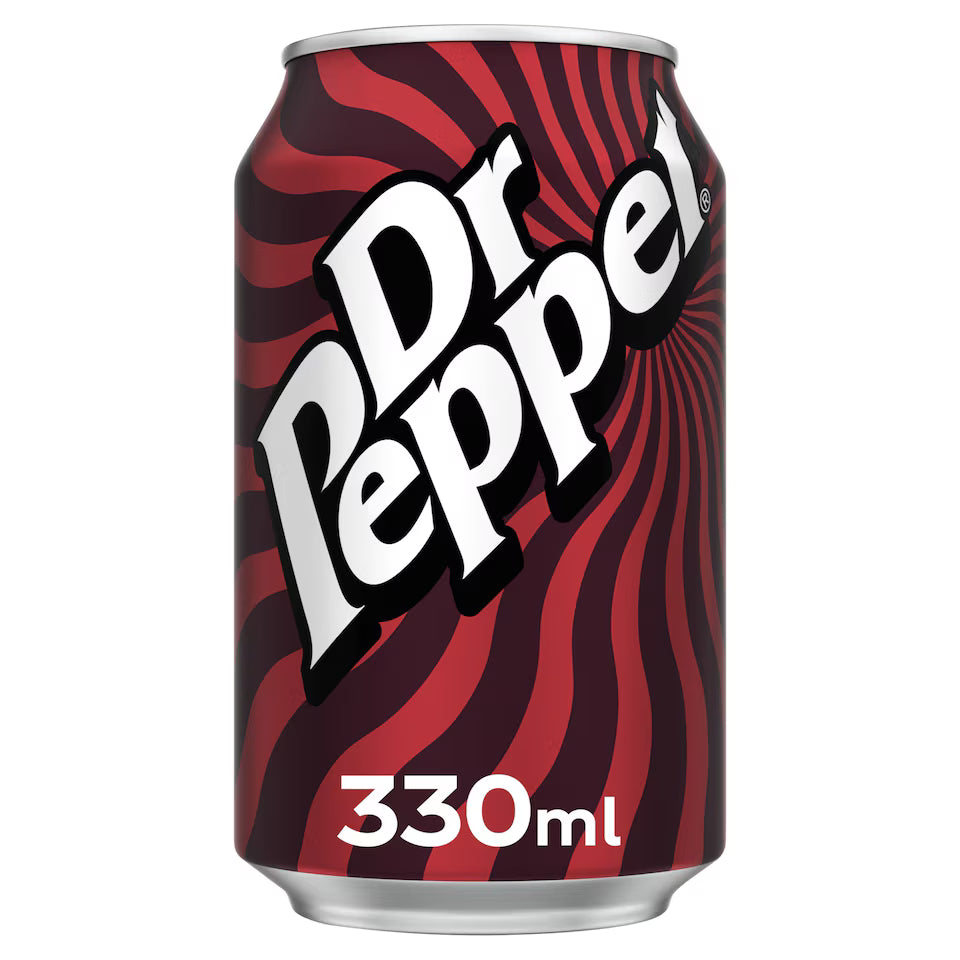 Dr Pepper can with red and black striped design on a white background
