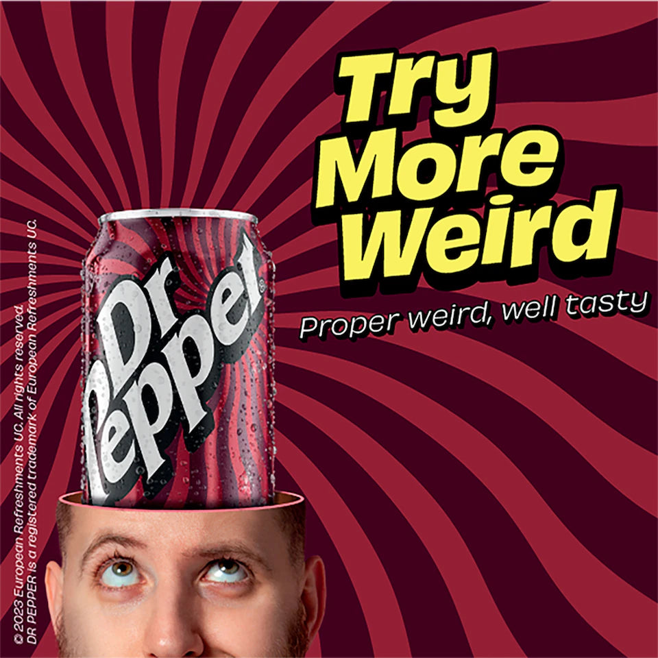 Dr Pepper can on a person's head with 'Try More Weird' text on a red background