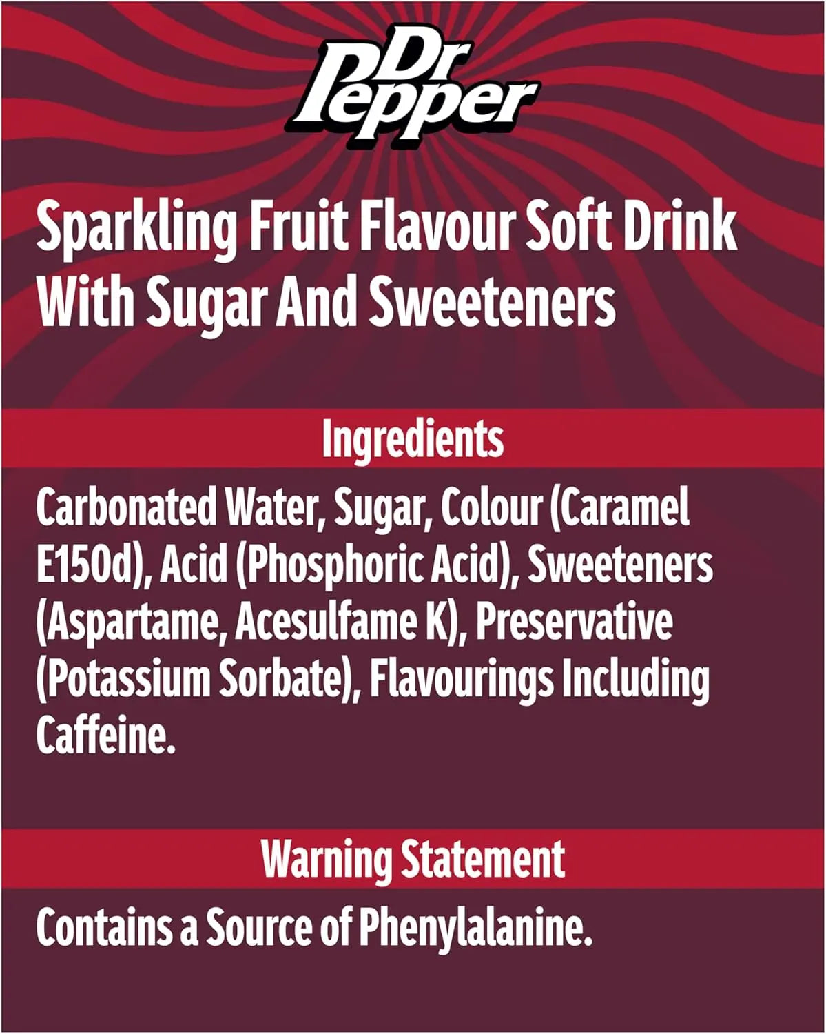 Dr Pepper sparkling fruit flavor soft drink ingredients list on a red background