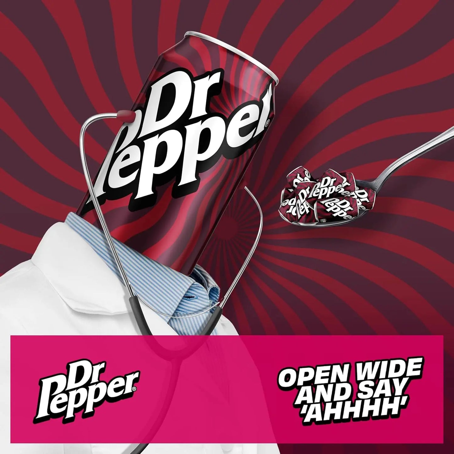 Dr Pepper can with spoonful of candy on a red and purple swirled background