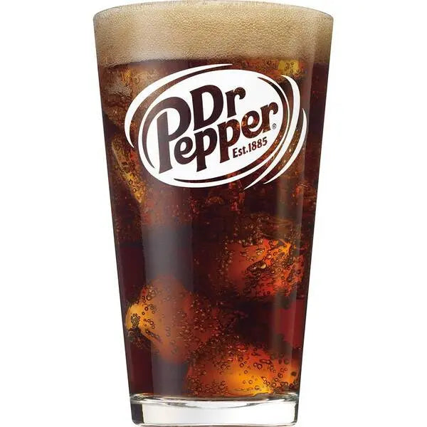 Dr Pepper soda in a glass with the Dr Pepper logo.