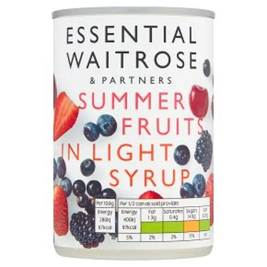 Can of Essential Waitrose Summer Fruits in Light Syrup on a white background