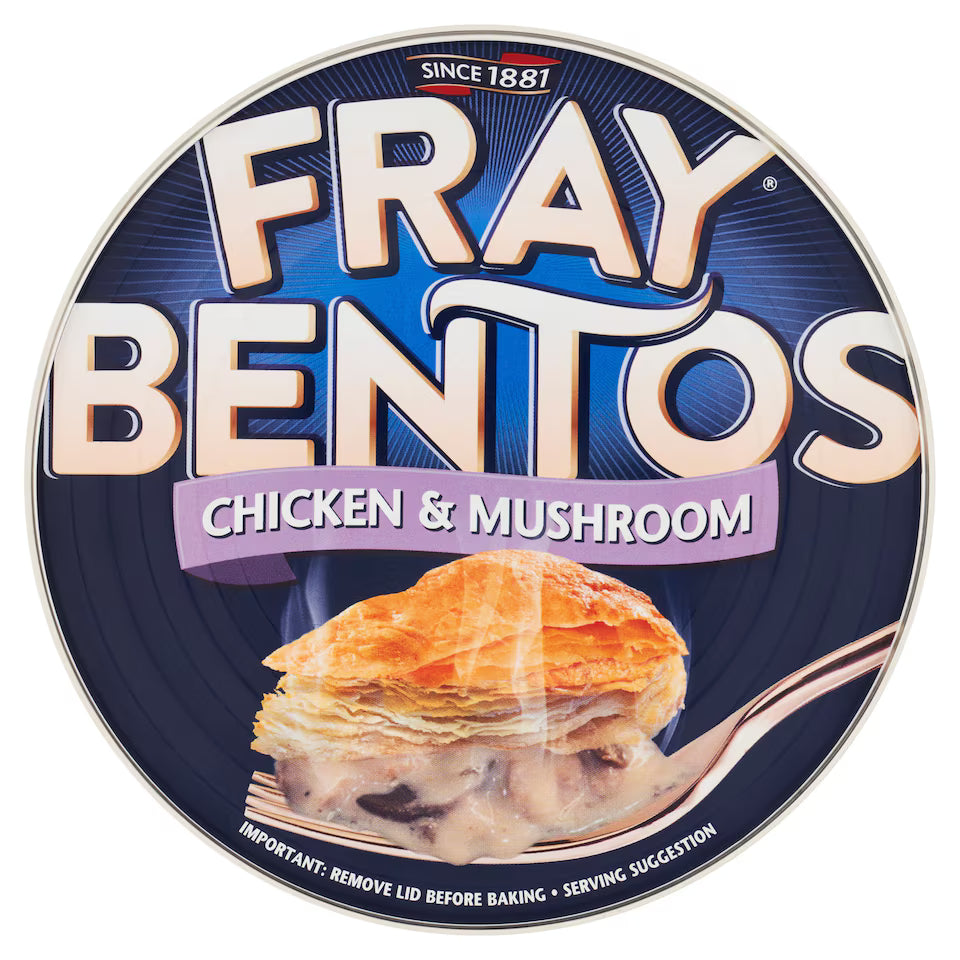 Fray Bentos Chicken & Mushroom pie packaging on a white background