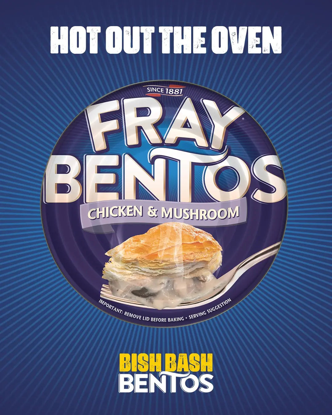 Fray Bentos chicken and mushroom pie packaging on a blue background