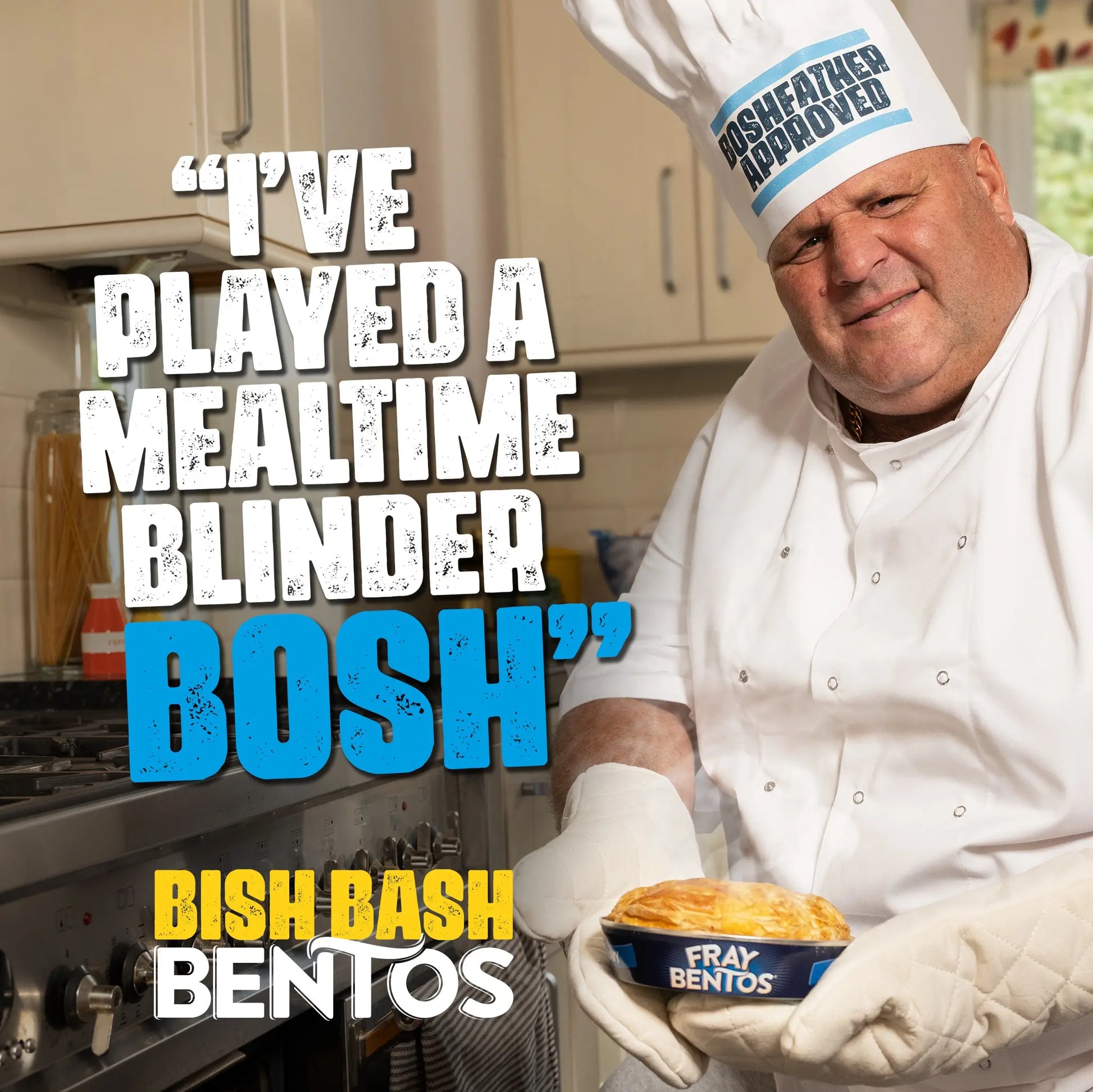 Person in a kitchen holding a container of Fray Bentos food with humorous text overlay.