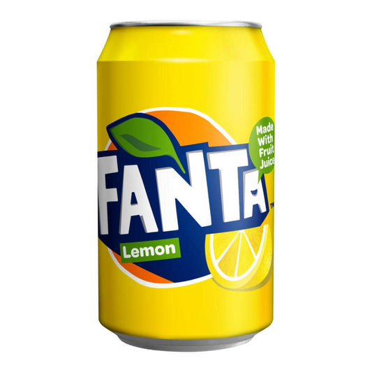 Fanta Lemon soda can on a white background