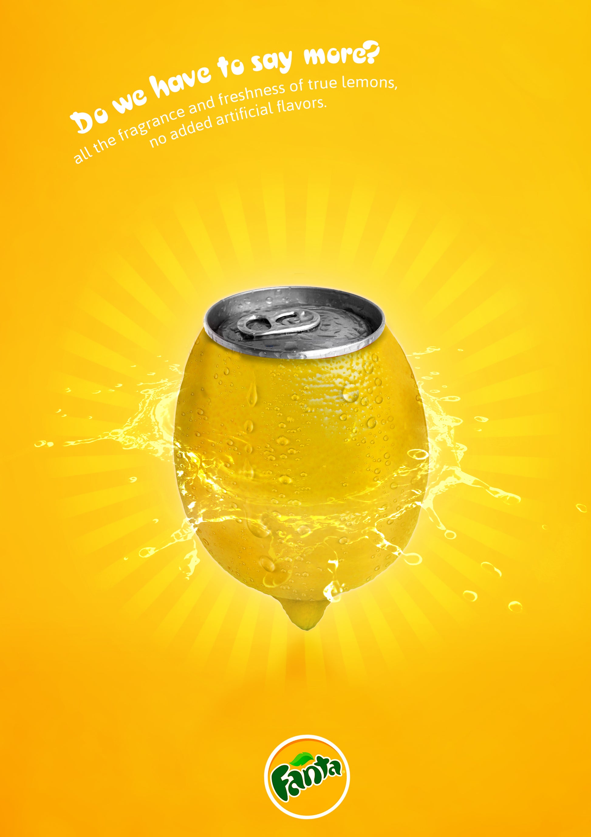 Fanta can shaped like a lemon on a bright yellow background with brand logo.