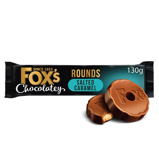 Fox's Chocolatey Rounds Salted Caramel candy bar packaging with a piece of candy in front.