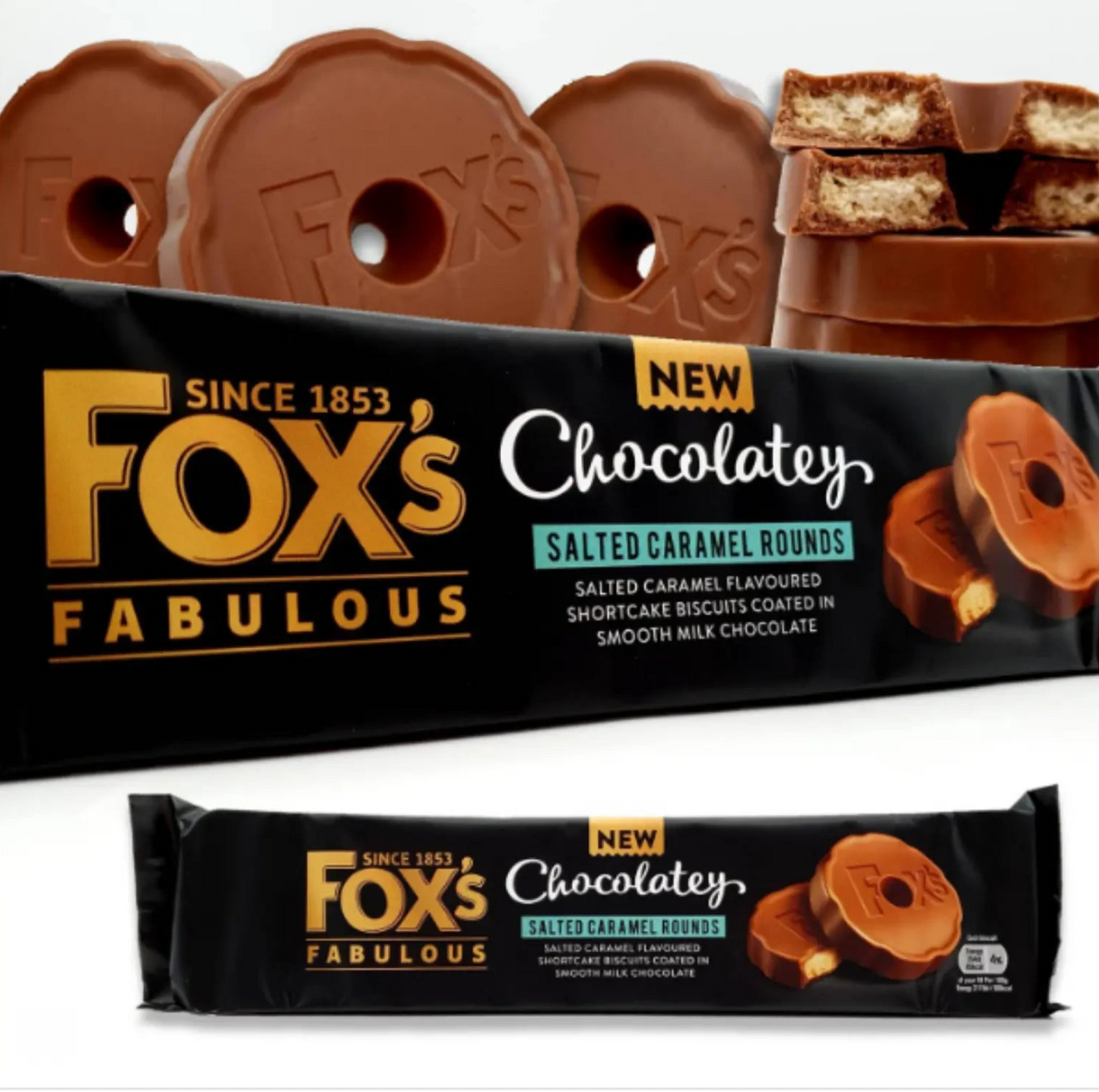 Fox's Fabulous chocolatey salted caramel rounds packaging with cookies in the background