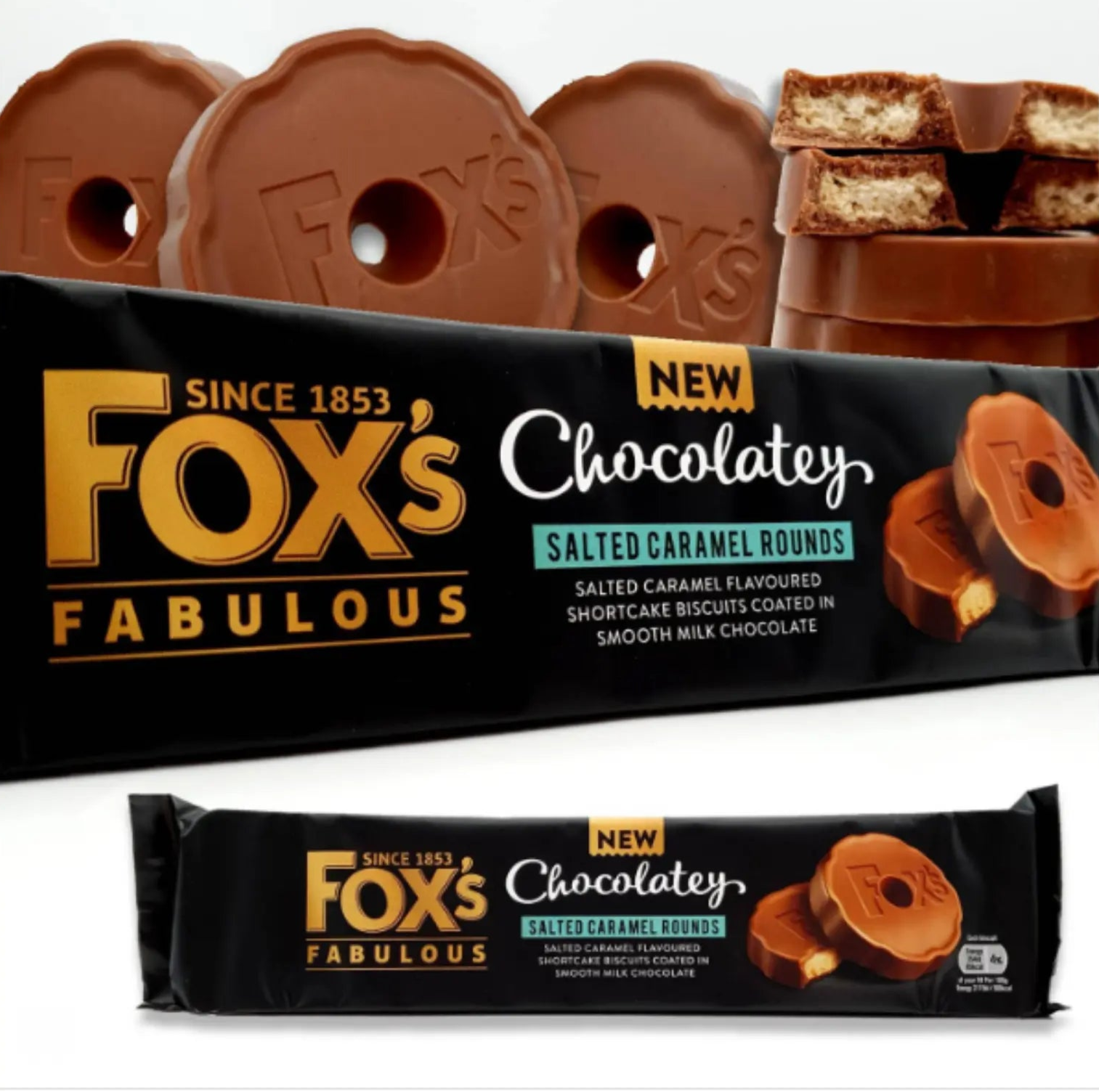 Fox's Fabulous chocolatey salted caramel rounds packaging with cookies in the background