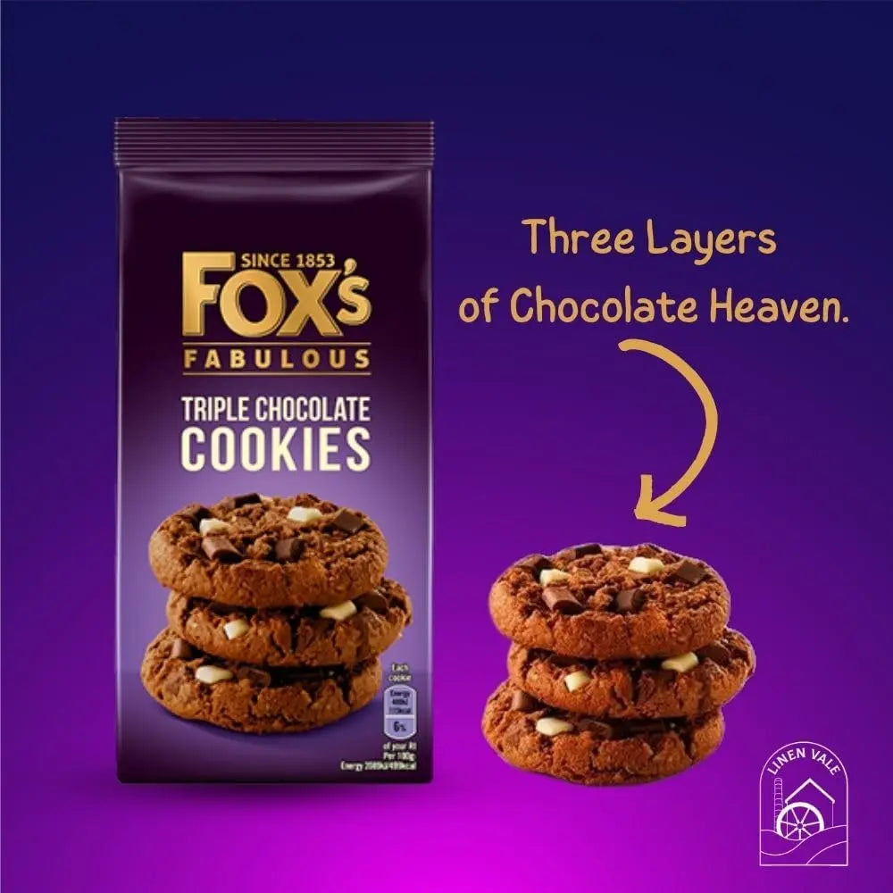 Fox's Fabulous Triple Chocolate Cookies packaging with cookies on a purple background