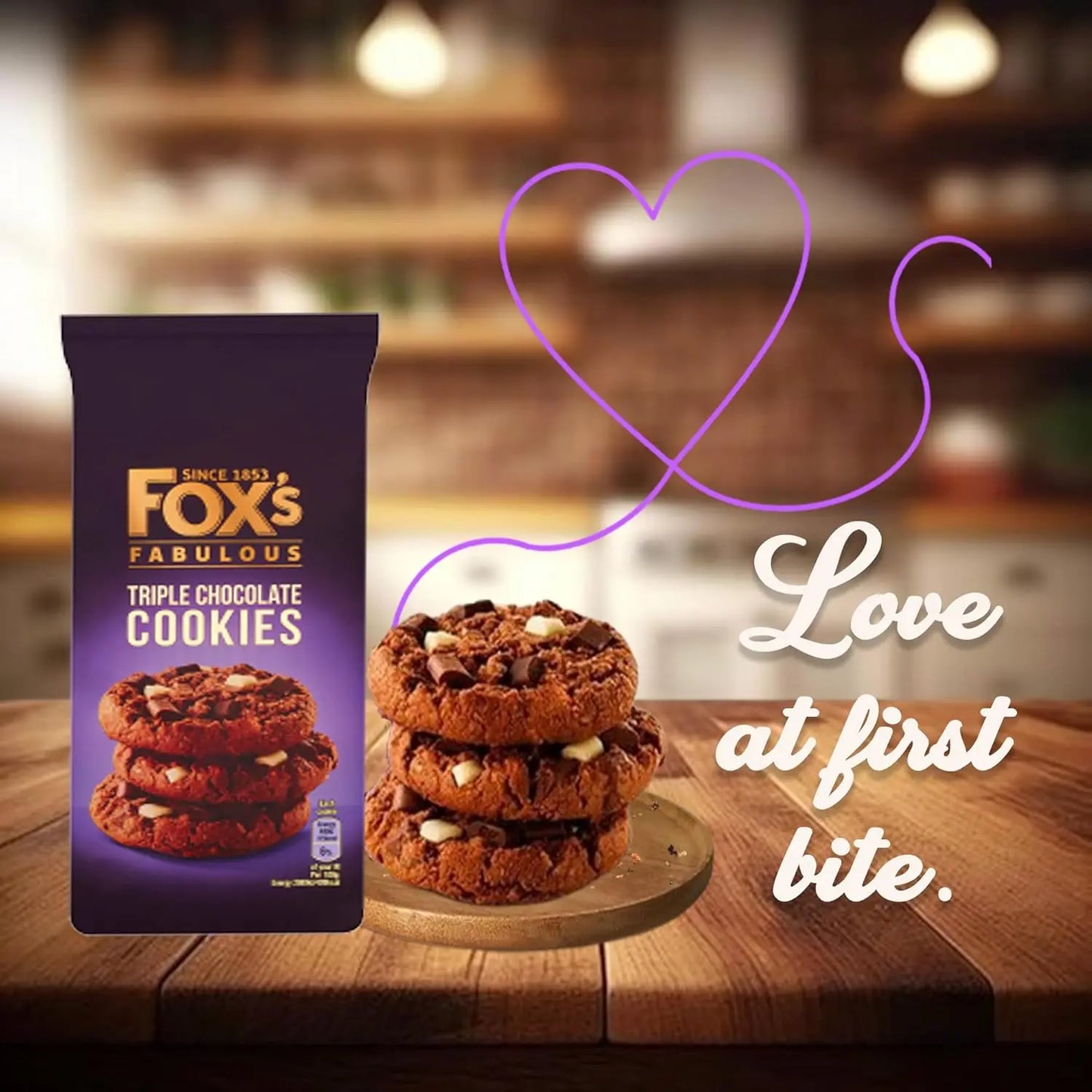 Fox's Fabulous Triple Chocolate Cookies packaging with cookies on a wooden board and 'Love at first bite' text.