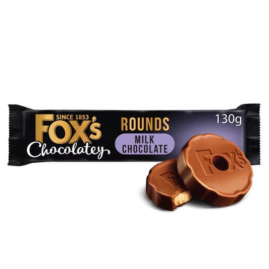Fox's chocolate rounds packaging with two chocolate pieces on a white background