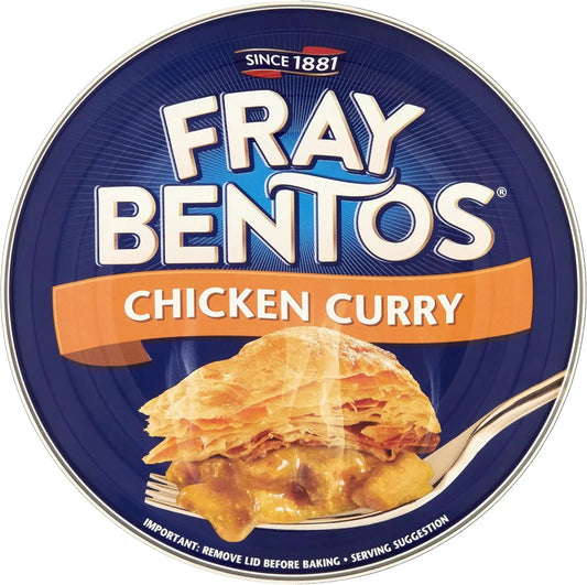Fray Bentos Chicken Curry pie packaging with blue background and visible branding.