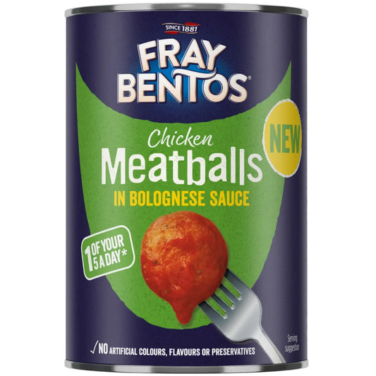 Fray Bentos Chicken Meatballs in Bolognese Sauce can on a white background