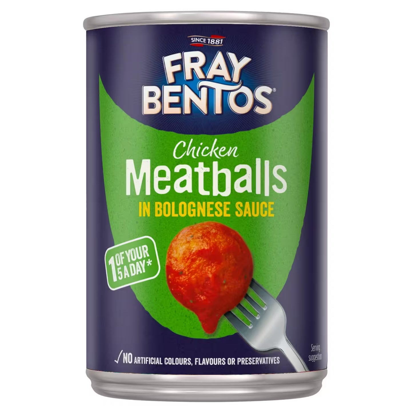 Can of Fray Bentos Chicken Meatballs in Bolognese Sauce on a white background
