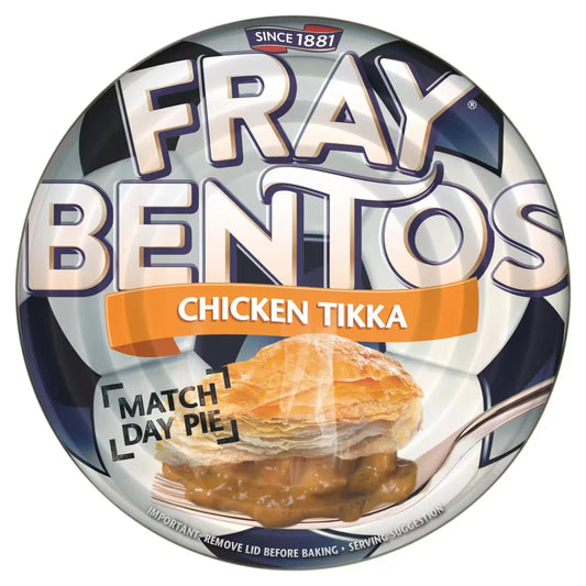 Fray Bentos Chicken Tikka pie packaging with a pie illustration on a white background