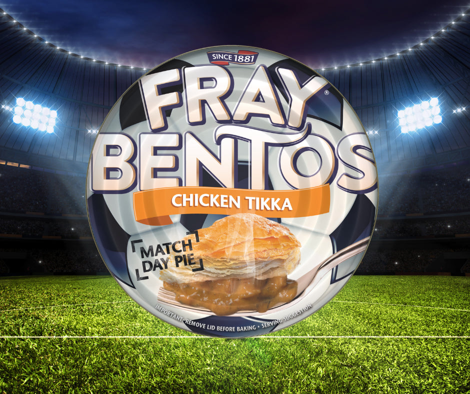 Fray Bentos Chicken Tikka pie packaging on a football field background