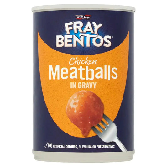 Fray Bentos Chicken Meatballs in Gravy can on a white background