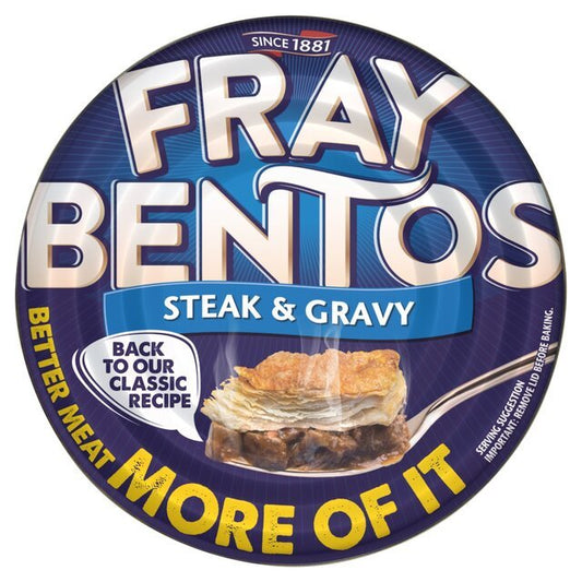 Fray Bentos Steak & Gravy packaging with blue and white design