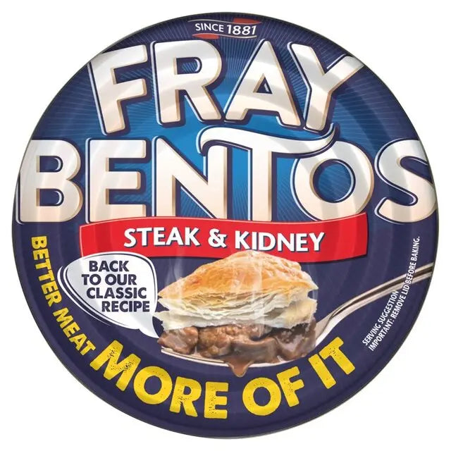 Fray Bentos Steak & Kidney pie packaging with brand name and product description.