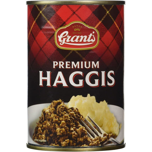 Can of Grant's Premium Haggis with a plaid pattern on the lid.